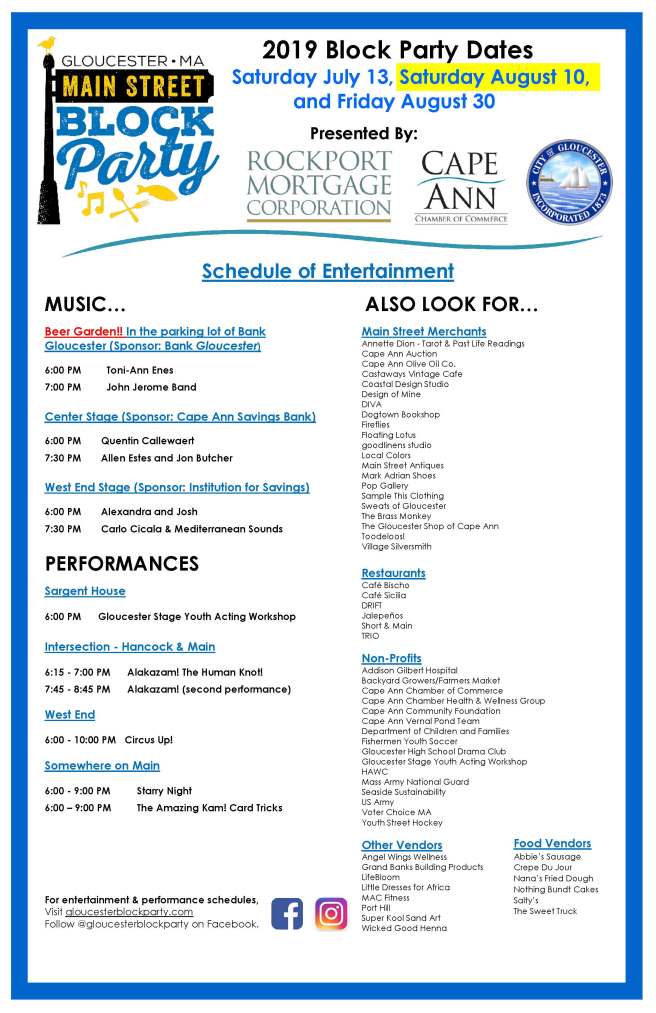 2019 Block Party Schedule Aug 8